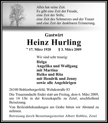 Traueranzeige von Heinz Hurling von Nordwest-Zeitung