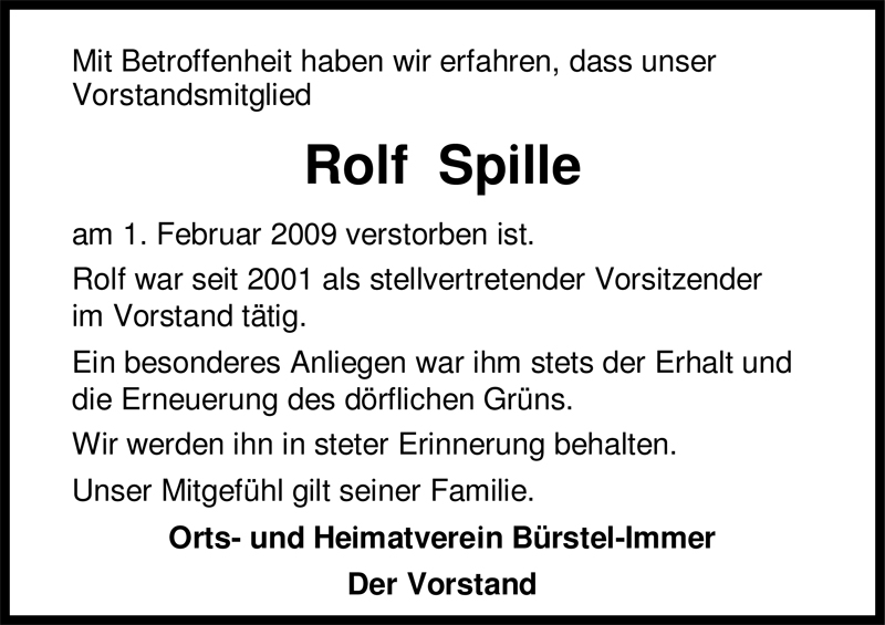  Traueranzeige für Rolf  Werner Spille vom 05.02.2009 aus Nordwest-Zeitung