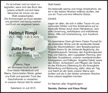 Traueranzeige von Helmut und Jutta Rimpl von Nordwest-Zeitung