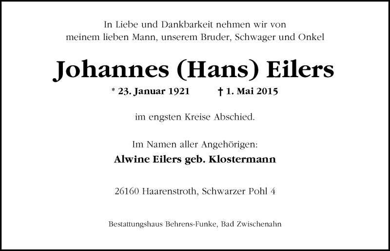  Traueranzeige für Johannes Eilers vom 05.05.2015 aus Nordwest-Zeitung
