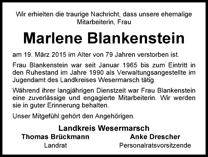  Traueranzeige für Marlene Blankenstein vom 25.03.2015 aus Nordwest-Zeitung