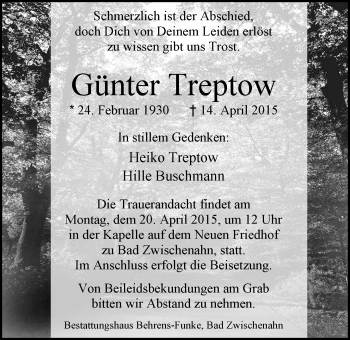 Traueranzeige von Günter Treptow von Nordwest-Zeitung