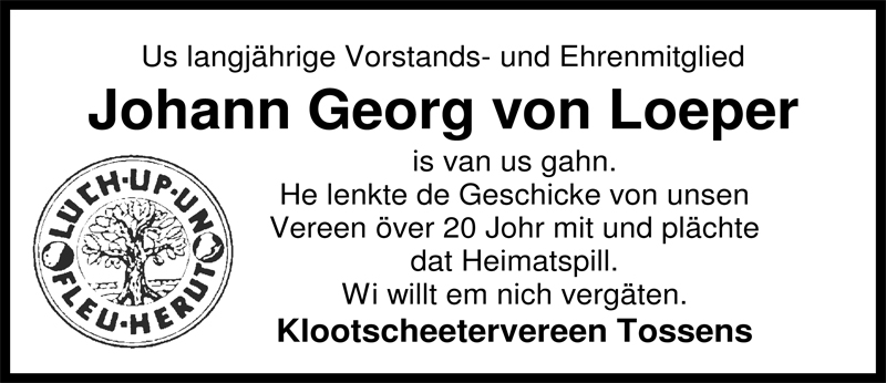  Traueranzeige für Johann Georg von Loeper vom 07.11.2009 aus Nordwest-Zeitung