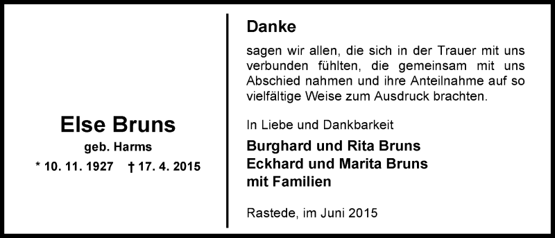  Traueranzeige für Else Bruns vom 06.06.2015 aus Nordwest-Zeitung