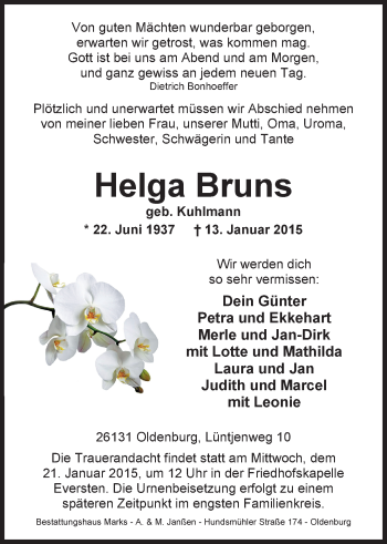 Traueranzeige von Helga Bruns von Nordwest-Zeitung
