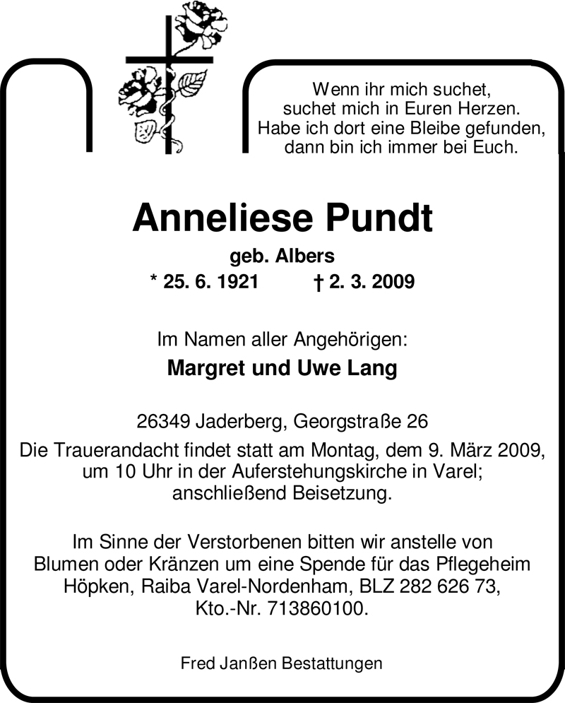  Traueranzeige für Anneliese Pundt vom 04.03.2009 aus Nordwest-Zeitung
