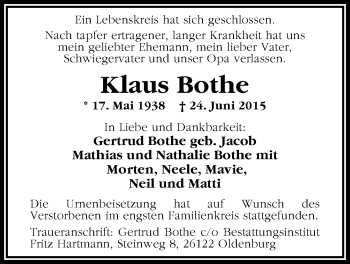Traueranzeige von Klaus Bothe von Nordwest-Zeitung