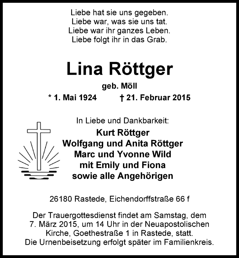  Traueranzeige für Lina Röttger vom 28.02.2015 aus Nordwest-Zeitung