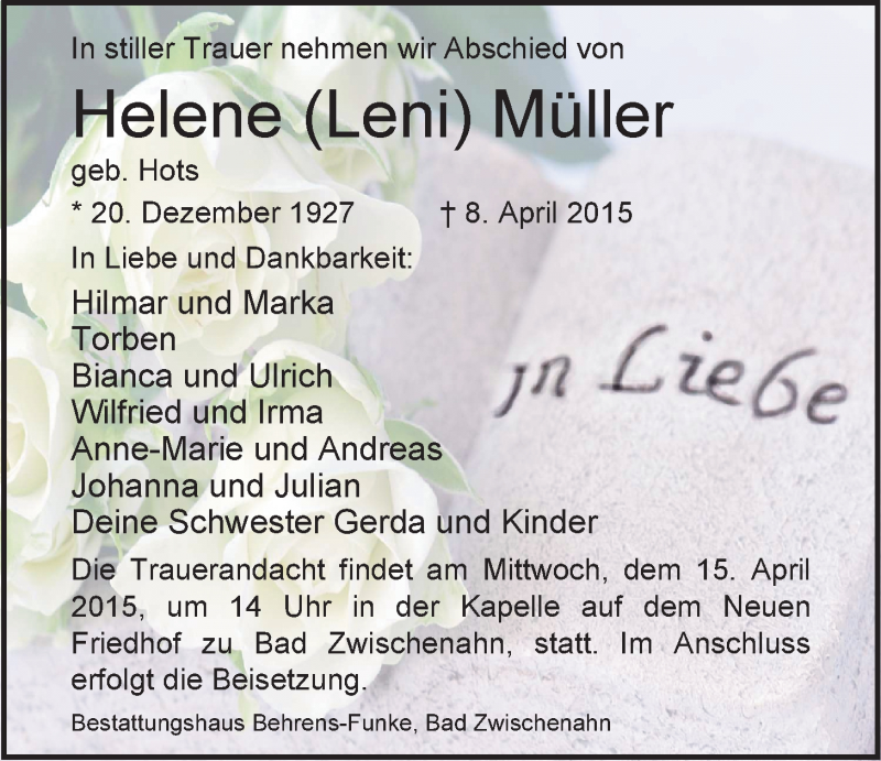  Traueranzeige für Helene Müller vom 11.04.2015 aus Nordwest-Zeitung