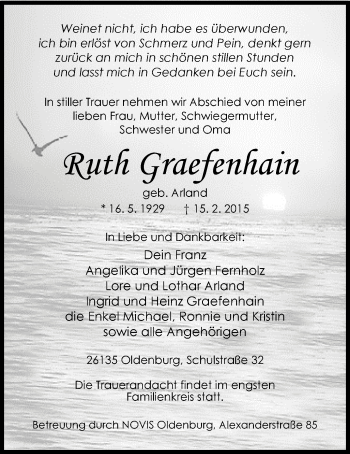 Traueranzeige von Ruth Graefenhain von Nordwest-Zeitung