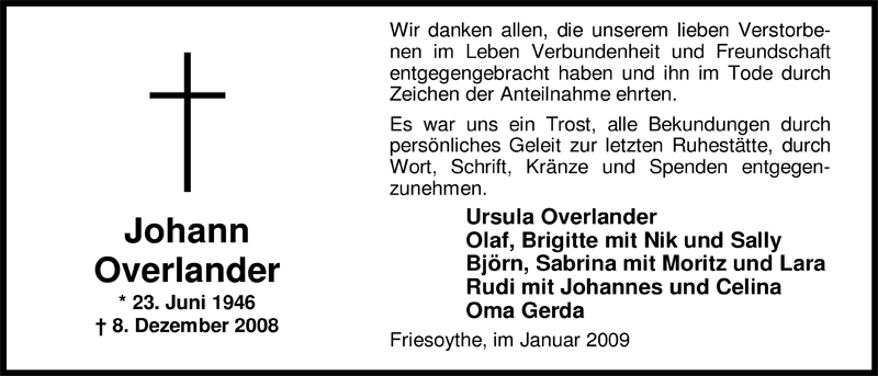  Traueranzeige für Johann Overlander vom 24.01.2009 aus Nordwest-Zeitung