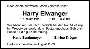 Traueranzeige von Harry Elwanger von Nordwest-Zeitung