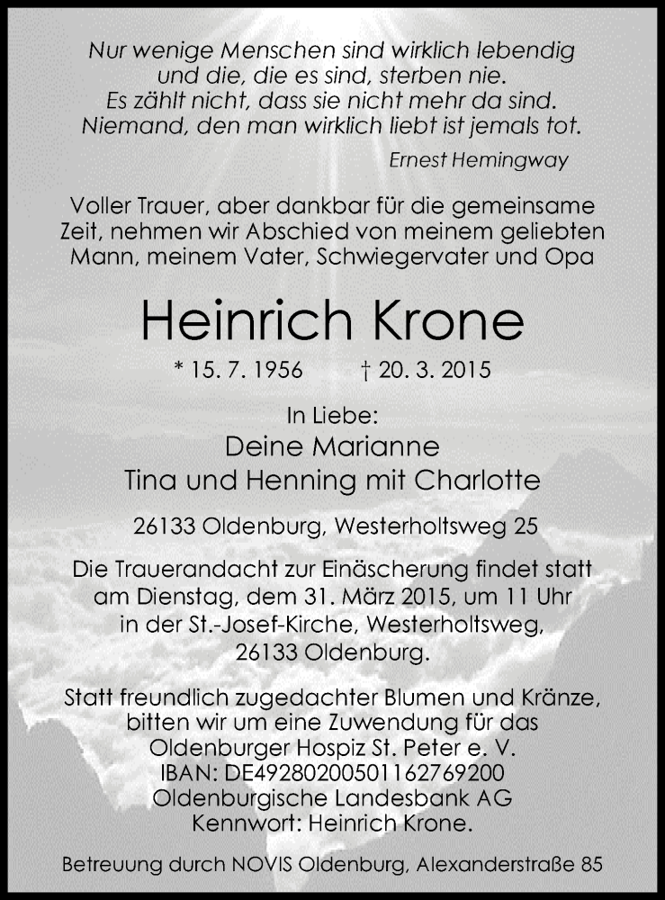  Traueranzeige für Heinrich Krone vom 25.03.2015 aus Nordwest-Zeitung