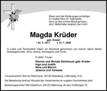 Traueranzeige von Magda Krüder von Nordwest-Zeitung