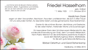 Traueranzeige von Friedel Hasselhorn von Nordwest-Zeitung