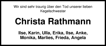 Traueranzeige von Christa Rathmann von Nordwest-Zeitung