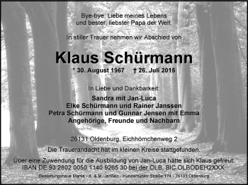 Traueranzeige von Klaus Schürmann von Nordwest-Zeitung