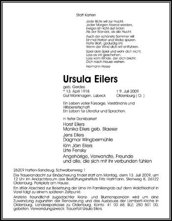 Traueranzeige von Ursula Eilers von Nordwest-Zeitung