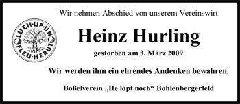Traueranzeige von Heinz Hurling von Nordwest-Zeitung
