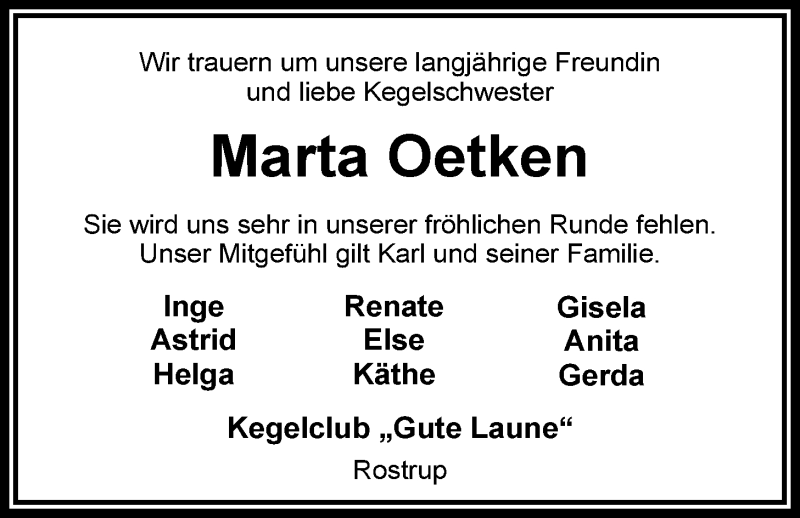  Traueranzeige für Marta Oetken vom 23.12.2014 aus Nordwest-Zeitung