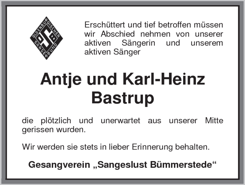  Traueranzeige für Antje und Kalli Bastrup vom 29.08.2012 aus Nordwest Zeitung