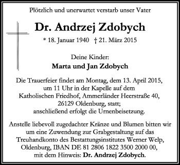 Traueranzeige von Andrzej Zdobych von Nordwest-Zeitung