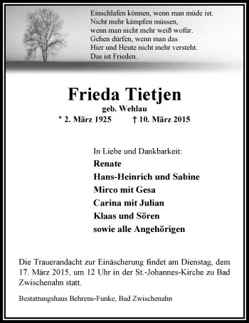 Traueranzeige von Frieda Tietjen von Nordwest-Zeitung