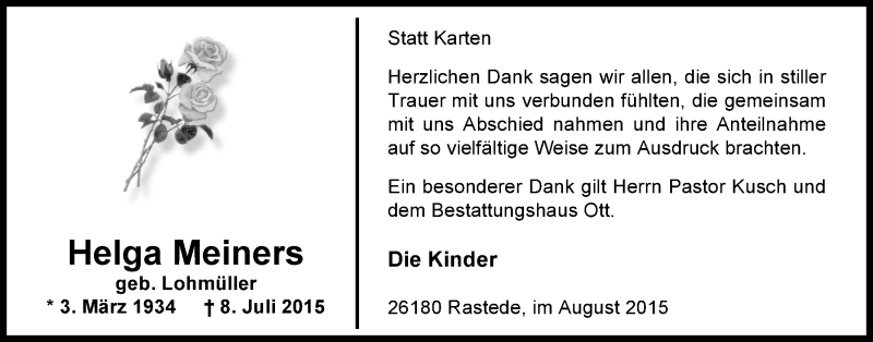  Traueranzeige für Helga Meiners vom 29.08.2015 aus Nordwest-Zeitung
