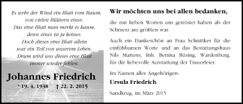 Traueranzeige von Johannes Friedrich von Nordwest-Zeitung