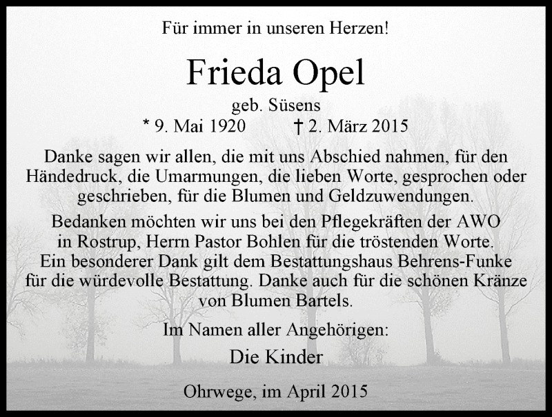  Traueranzeige für Frieda Opel vom 08.04.2015 aus Nordwest-Zeitung