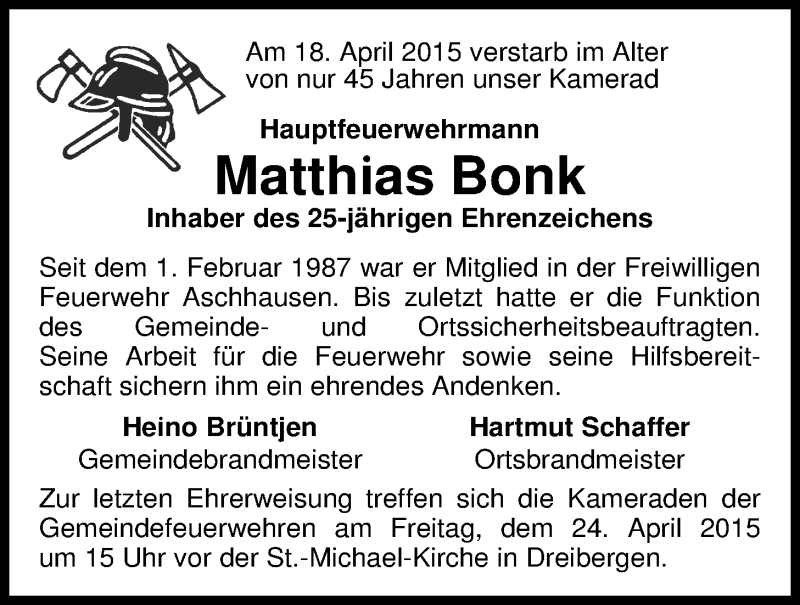  Traueranzeige für Matthias Bonk vom 22.04.2015 aus Nordwest-Zeitung