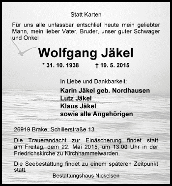 Traueranzeige von Wolfgang Jäkel von Nordwest-Zeitung