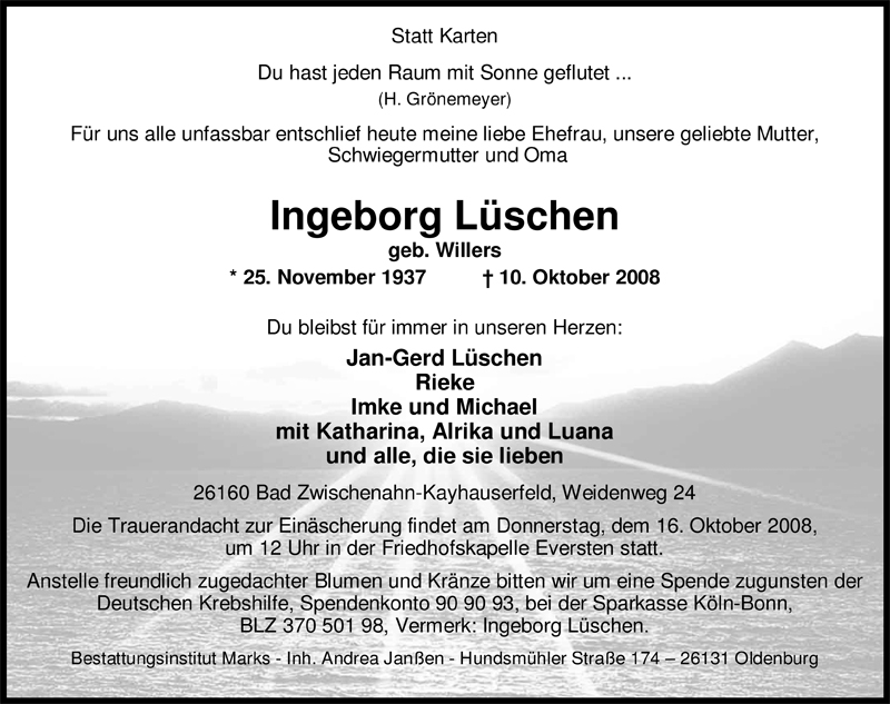  Traueranzeige für Ingeborg Lüschen vom 14.10.2008 aus Nordwest-Zeitung