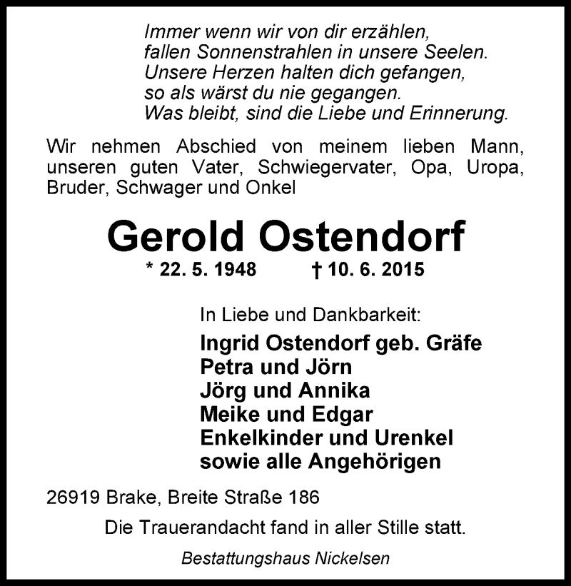  Traueranzeige für Gerold Ostendorf vom 26.06.2015 aus Nordwest-Zeitung