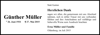 Traueranzeige von Günther Müller von Nordwest-Zeitung