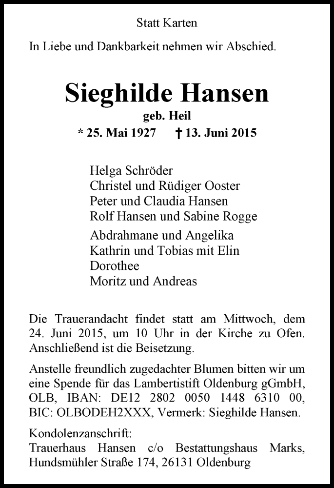  Traueranzeige für Sieghilde Hansen vom 20.06.2015 aus Nordwest-Zeitung
