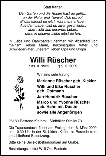 Traueranzeige von Willi Rüscher von Nordwest-Zeitung