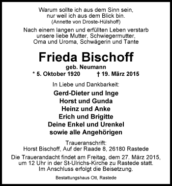 Traueranzeige von Frieda Bischoff von Nordwest-Zeitung