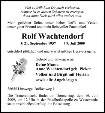 Traueranzeige von Rolf Wachtendorf von Nordwest-Zeitung