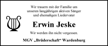 Traueranzeige von Erwin Jeske von Nordwest-Zeitung
