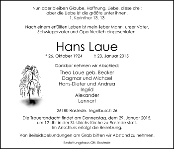 Traueranzeige von Hans Laue von Nordwest-Zeitung
