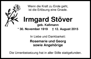 Traueranzeige von Irmgard Stöver von Nordwest-Zeitung
