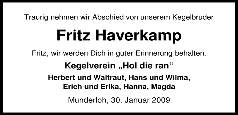  Traueranzeige für Fritz Haverkamp vom 03.02.2009 aus Nordwest-Zeitung
