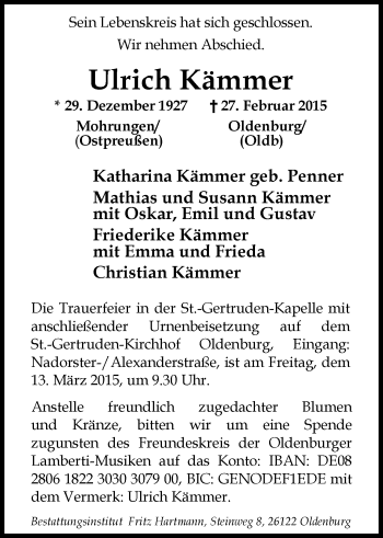 Traueranzeige von Ulrich Kämmer von Nordwest-Zeitung