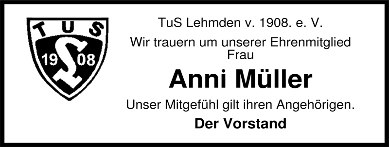  Traueranzeige für Anni Müller vom 26.06.2009 aus Nordwest-Zeitung