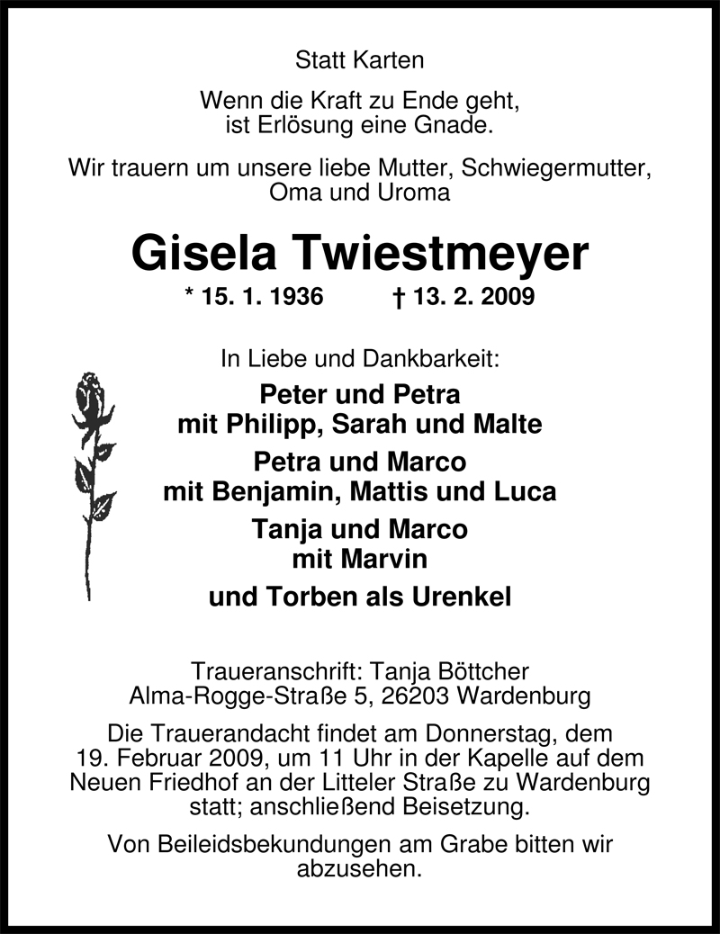  Traueranzeige für Gisela Twiestmeyer vom 16.02.2009 aus Nordwest-Zeitung