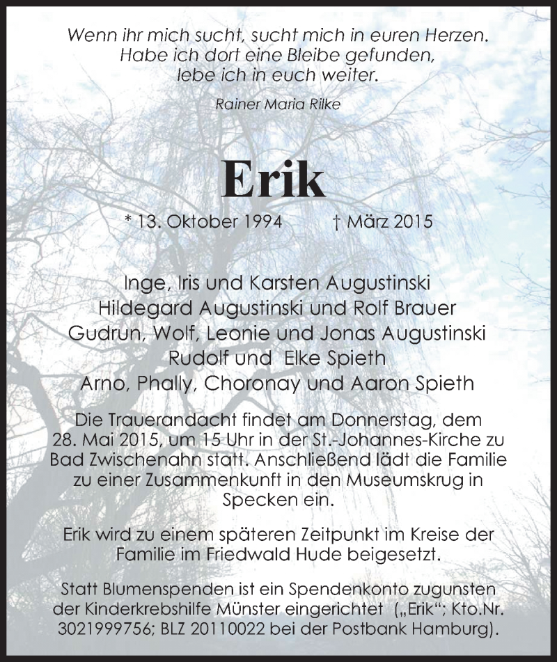  Traueranzeige für Erik Augustinski vom 23.05.2015 aus Nordwest-Zeitung