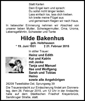 Traueranzeige von Hilde Bakenhus von Nordwest-Zeitung