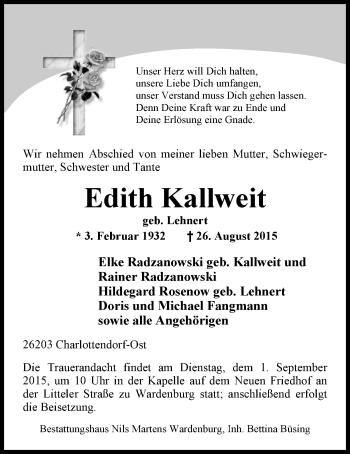 Traueranzeige von Edith Kallweit von Nordwest-Zeitung
