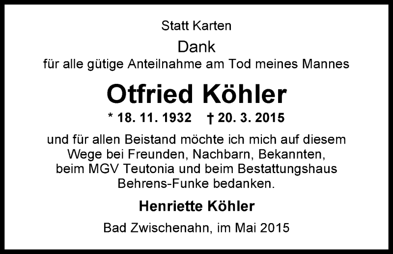  Traueranzeige für Otfried Köhler vom 02.05.2015 aus Nordwest-Zeitung